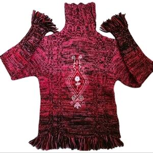 NEW Fripone Pink/Blk Turtle Neck Sweater XS Folkloric  Embroidery, Fringe